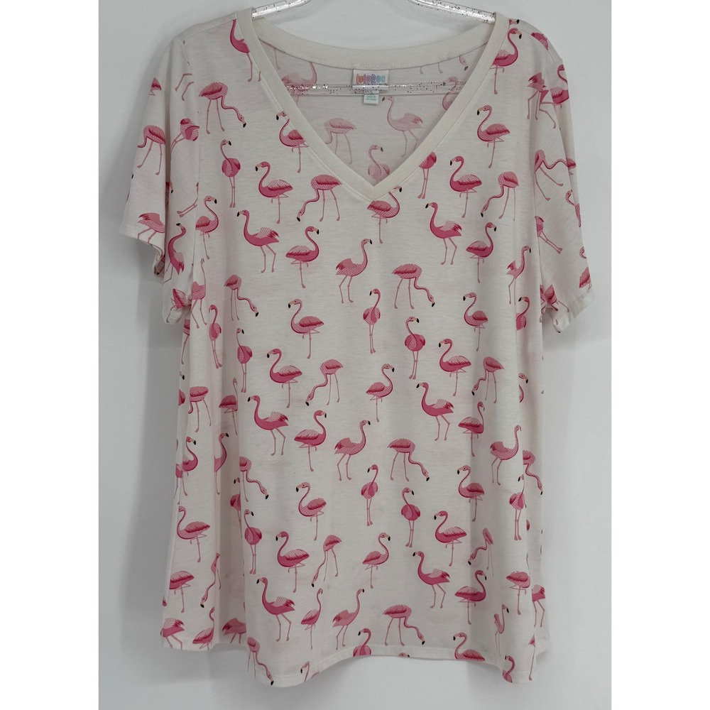 LuLaRoe Womens Pink Flamingo Print V-Neck Short Sleeve T-Shirt White Sz 2XL